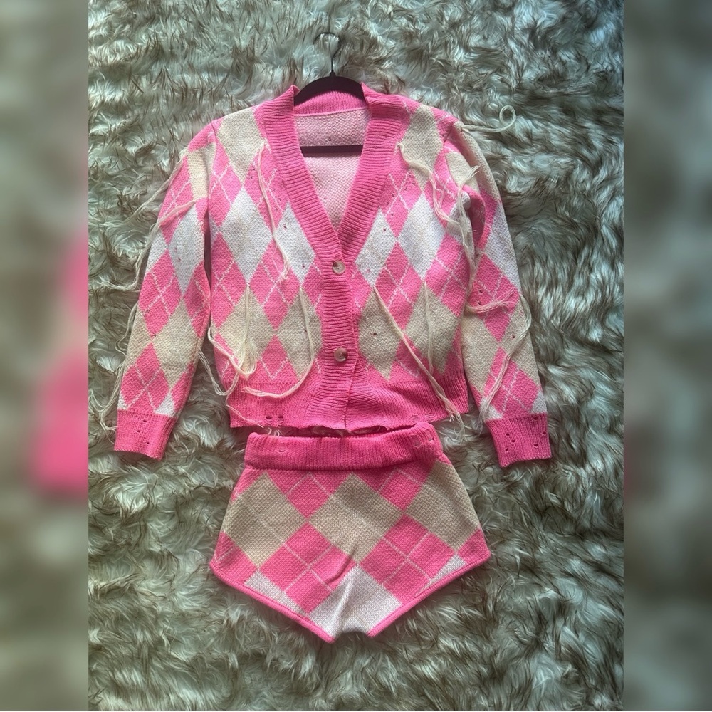 Pink and Cream Argyle Cardigan and Shorts Set